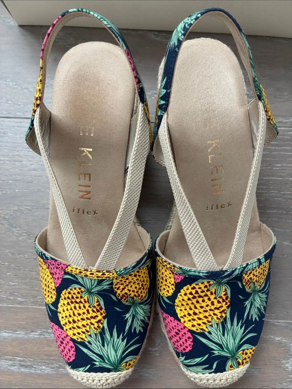 Anne Klein Navy Pineapple Print Espadrille Slingback Wedges